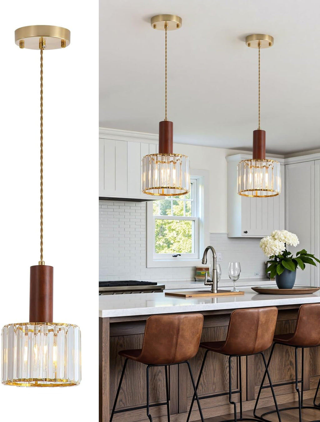 Mid-Century Vintage Walnut Crystal Glass Pendant Light 1-Pack for Bedroom