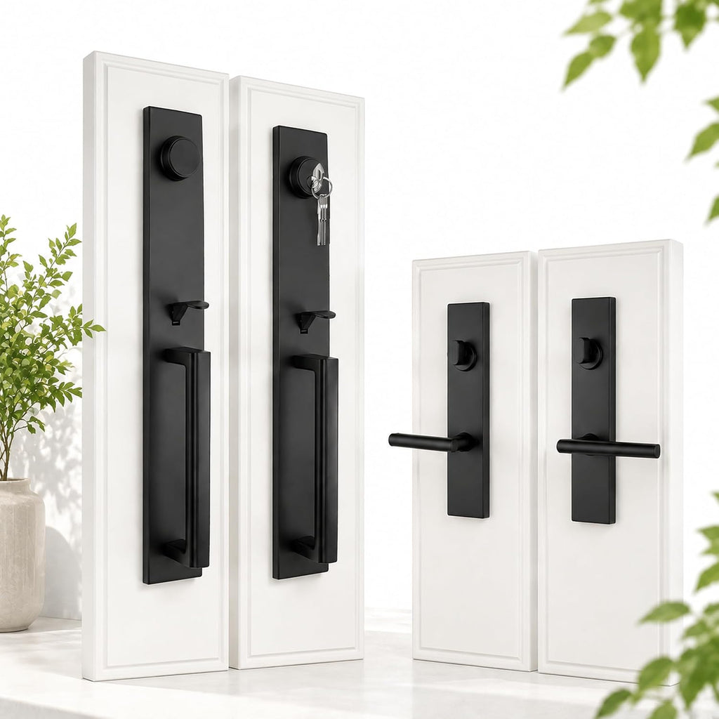 NEWBANG Matte Black Front Door Handle with Deadbolt, Long Interior Plate