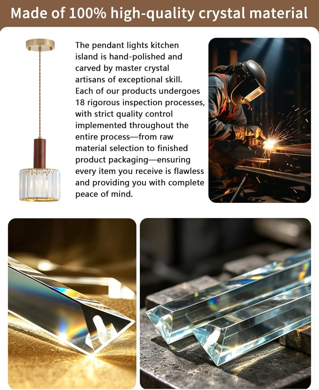 Mid-Century Vintage Walnut Crystal Glass Pendant Light 1-Pack for Bedroom