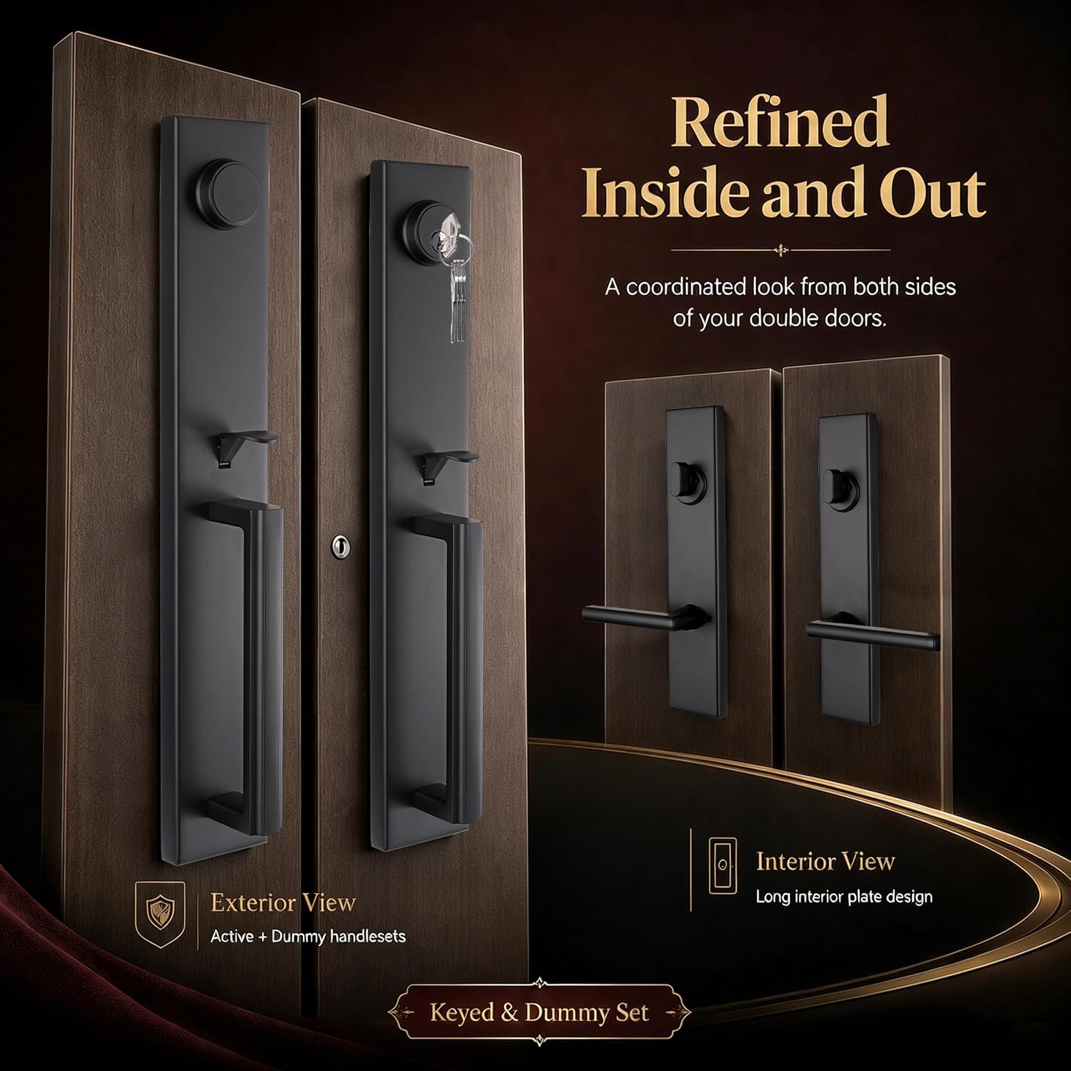 NEWBANG Matte Black Front Door Handle with Deadbolt, Long Interior Plate