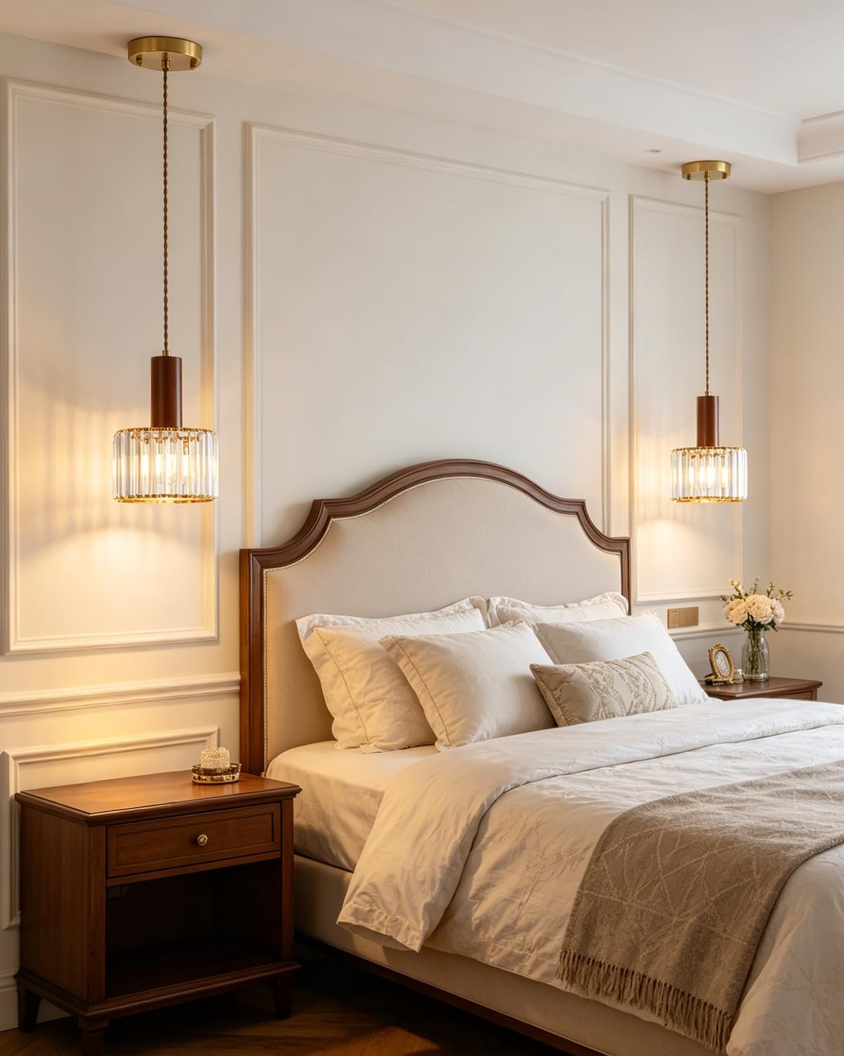Mid-Century Vintage Walnut Crystal Glass Pendant Light 1-Pack for Bedroom