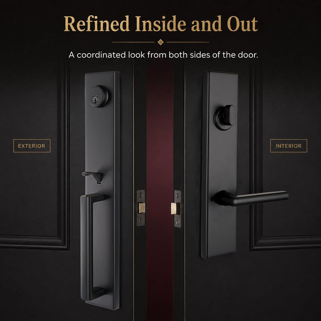 NEWBANG Matte Black Front Door Handle with Deadbolt, Long Interior Plate