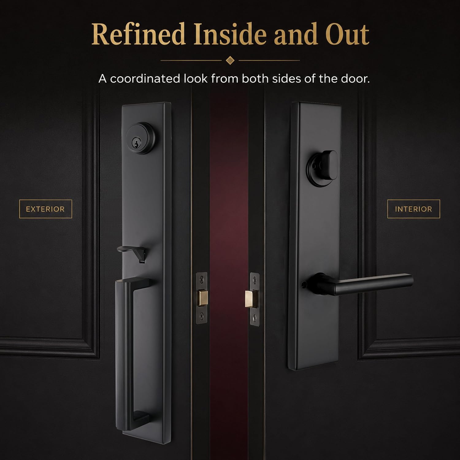 NEWBANG Matte Black Front Door Handle with Deadbolt, Long Interior Plate