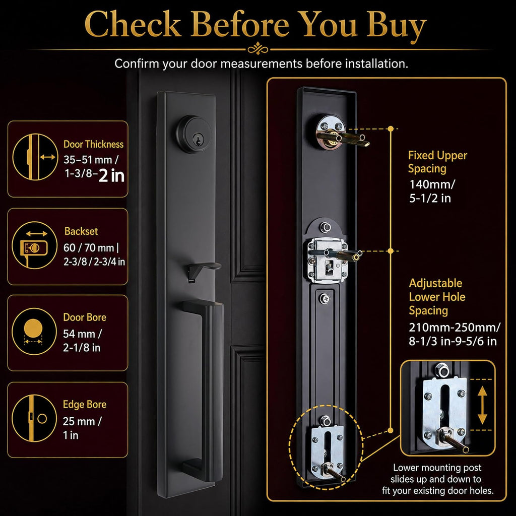 NEWBANG Matte Black Front Door Handle with Deadbolt, Long Interior Plate