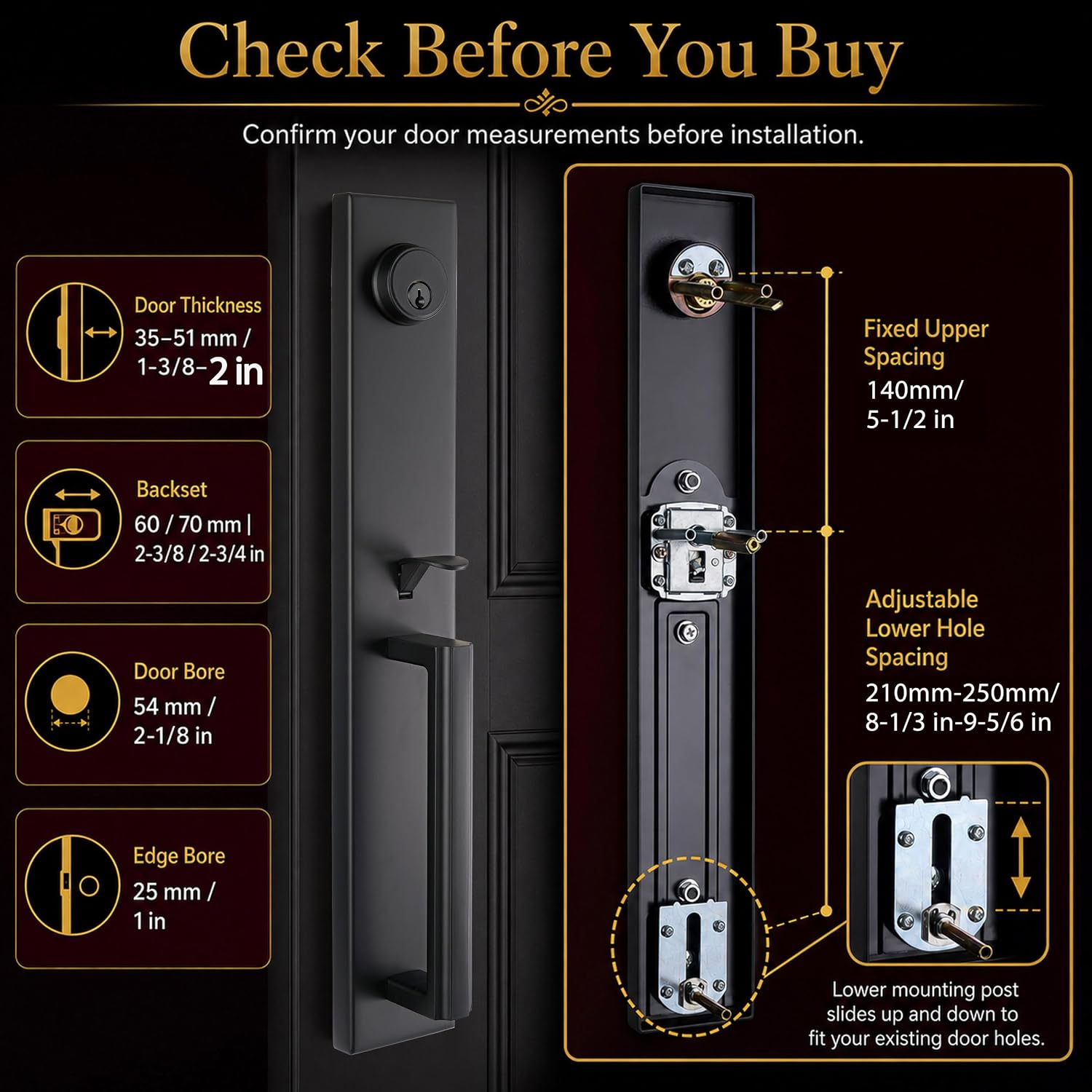 NEWBANG Matte Black Front Door Handle with Deadbolt, Long Interior Plate