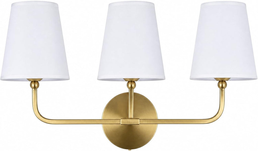 Bathroom Light Fixtures,3-Light Brushed Gold Vanity Lights,Lighting Fixtures Over Mirror with White Flared Fabric Shade,Modern Wall Sconce for Bathroom,Bedroom,Living Room,E26 Socket