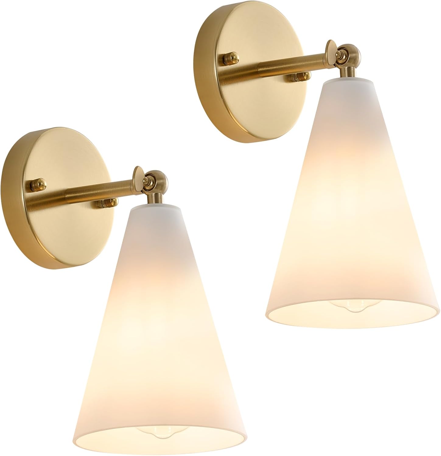 MWZ Gold Wall Sconces Set of 2,Modern Brushed Brass Sconces Lighting with White Glass Shade,Bathroom Light Fixtures Over Mirror,Vanity Lights Over Sink,Indoor Decor Wall Mount Adjustable Angle Lamp
