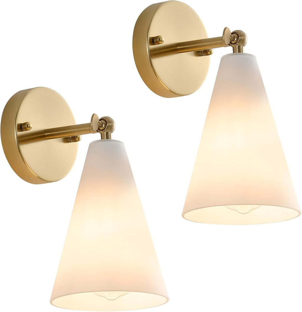 MWZ Gold Wall Sconces Set of 2,Modern Brushed Brass Sconces Lighting with White Glass Shade,Bathroom Light Fixtures Over Mirror,Vanity Lights Over Sink,Indoor Decor Wall Mount Adjustable Angle Lamp