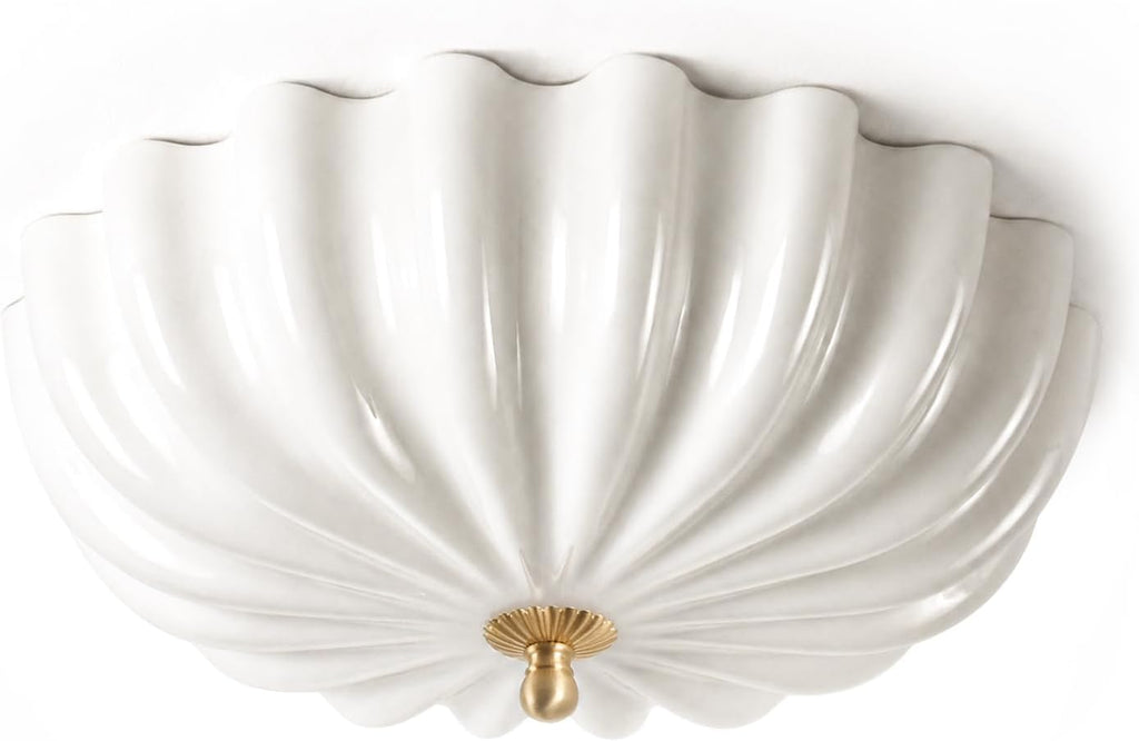 Gold Flush Mount Ceiling Light - 16″ Dimmable LED Milk Glass Light Fixture | Handcrafted Opal Glass and Solid Brass Light with Remote Control - A Luxury Choice for Bedroom Hallway Schoolhouse and Foyer