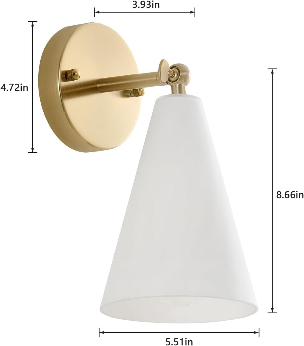 MWZ Gold Wall Sconces Set of 2,Modern Brushed Brass Sconces Lighting with White Glass Shade,Bathroom Light Fixtures Over Mirror,Vanity Lights Over Sink,Indoor Decor Wall Mount Adjustable Angle Lamp