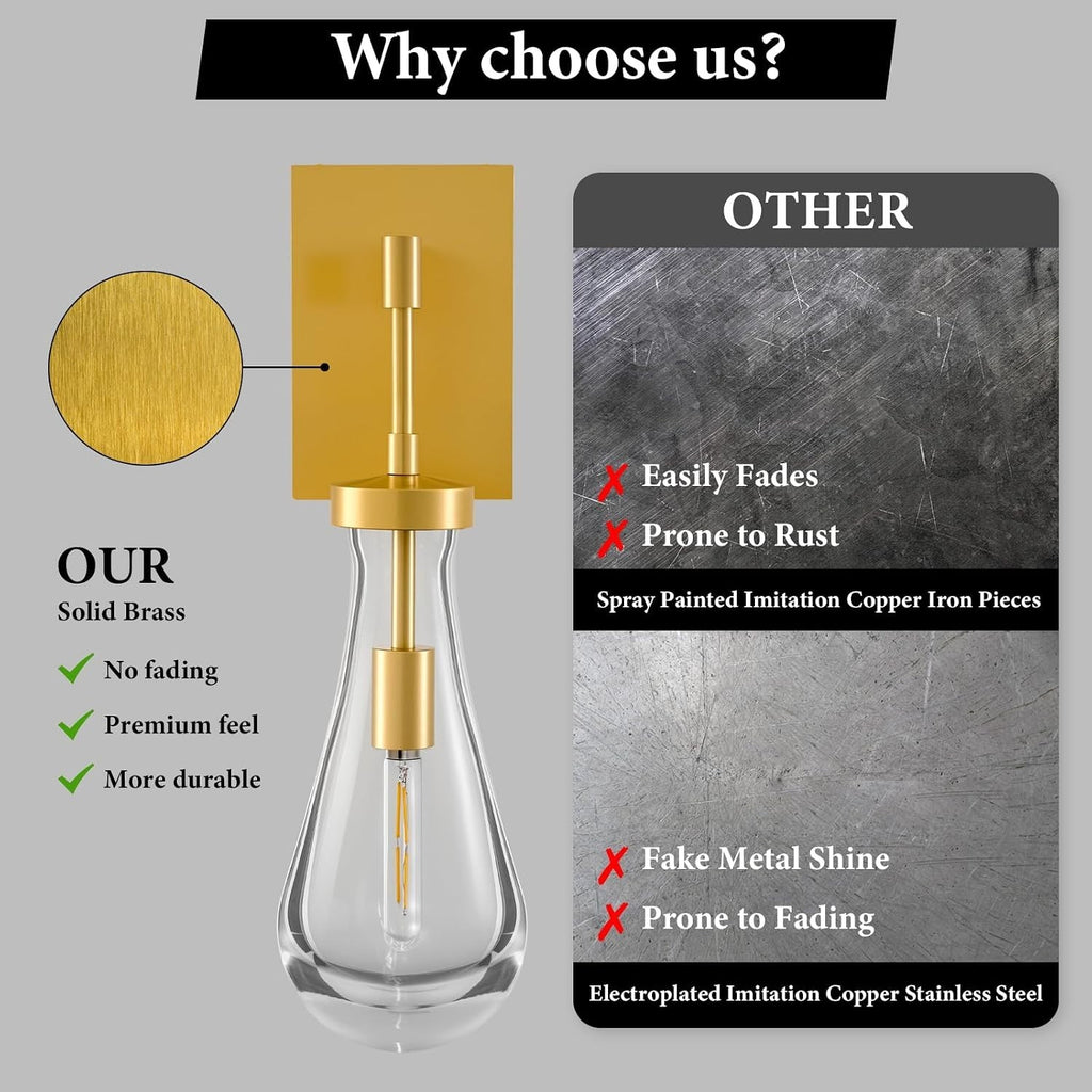 Raindrop Brass Crystal Wall Sconce: Luxury Modern Gold Bathroom Lighting | Clear