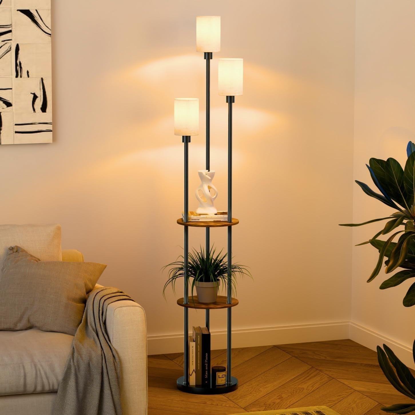 Floor Lamp with Shelves, 71" Tall Modern Standing Lamp with Table | 3Light, 3-Ti