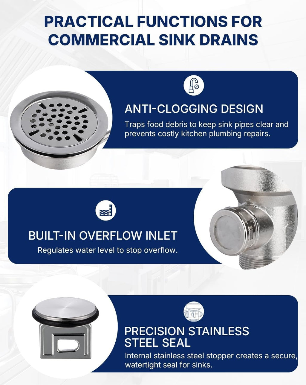 RODPHX 3-1/2" Commercial Sink Drain with Overflow Twist Stainless Steel | Waste