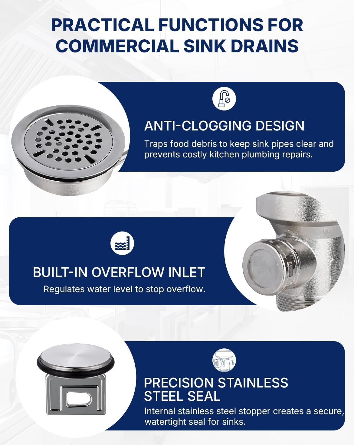 RODPHX 3-1/2" Commercial Sink Drain with Overflow Twist Stainless Steel | Waste
