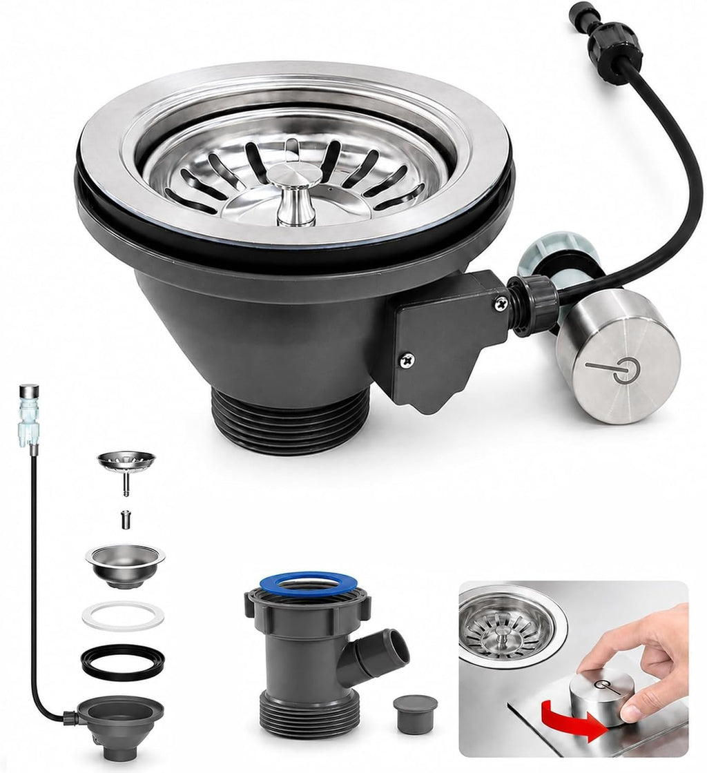 New 3-1/2 '' Kitchen Sink Drain Kit with Control Button Sink Drain Basket 304 St