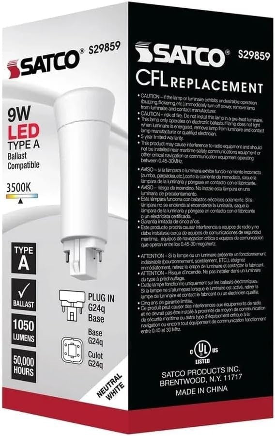 Satco S29859 9-Watt PL LED Light Bulb, G24q Base, 4-Pin Vertical, 3500K