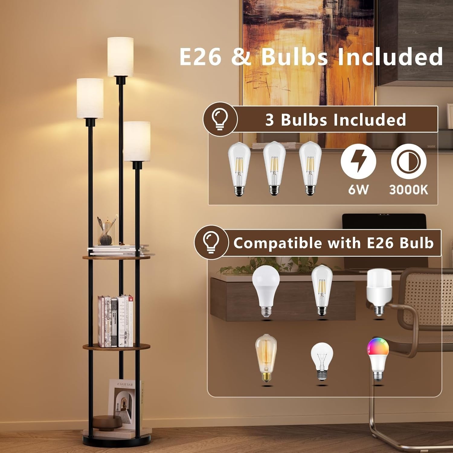 Floor Lamp with Shelves, 71" Tall Modern Standing Lamp with Table | 3Light, 3-Ti