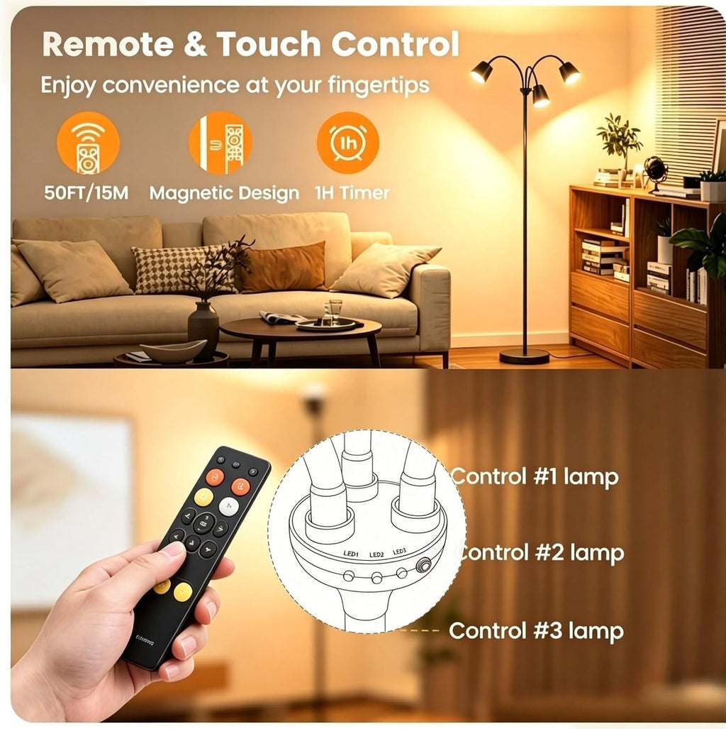 gevaabu LED Tree Floor Lamp, 3 Rotatable Lights Standing Lamp with Remote
