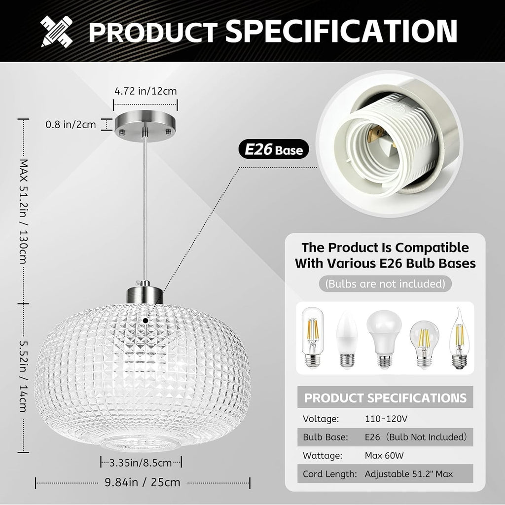 Glass Pendant Lights for Kitchen Island, 9.84" Large Glass Pendant Light