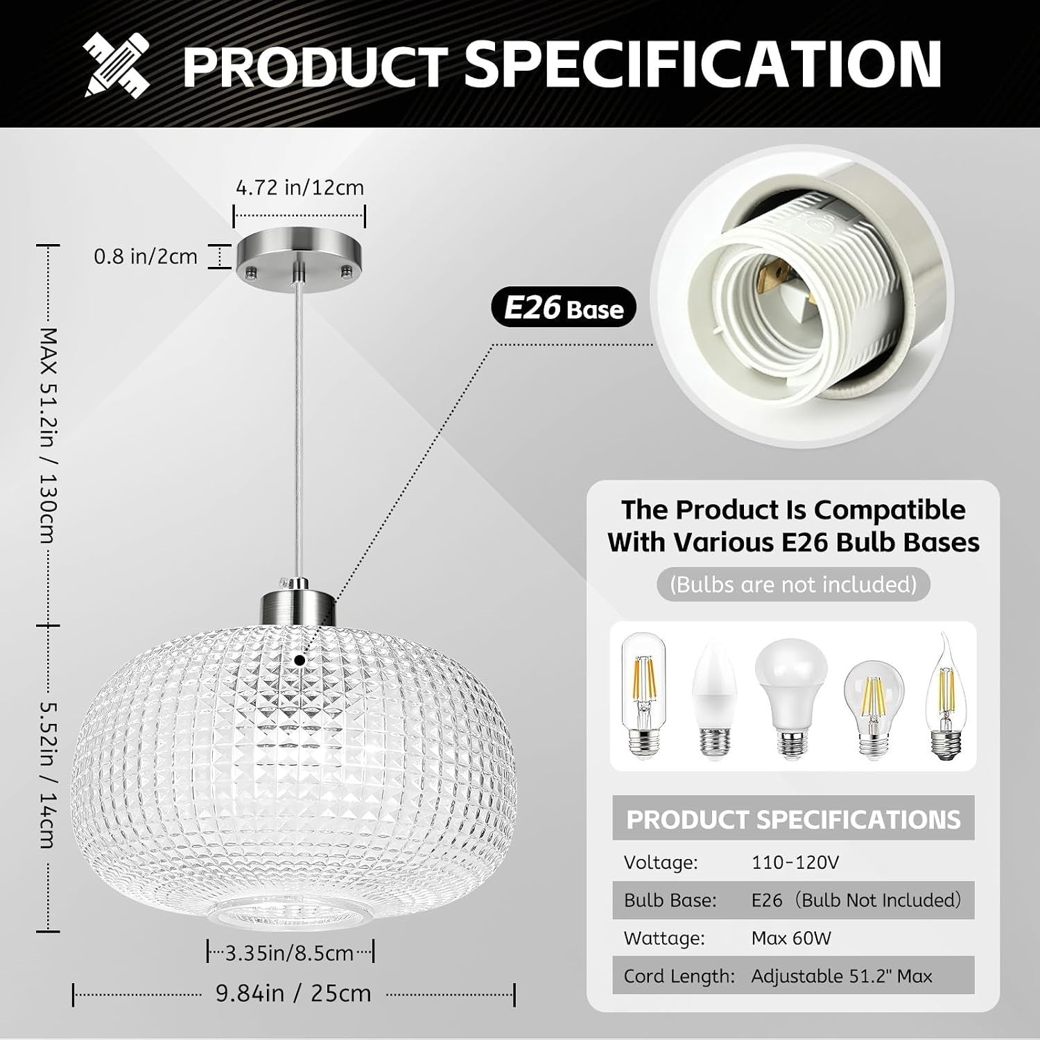Glass Pendant Lights for Kitchen Island, 9.84" Large Glass Pendant Light