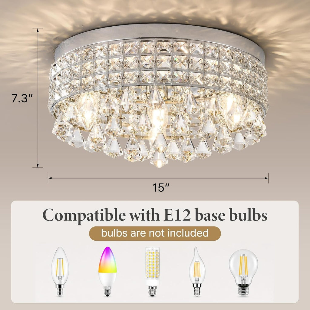 Chandelier | Luxury Glam Bling Round Ceilings Light Fixture, Raindrop Drum Flush