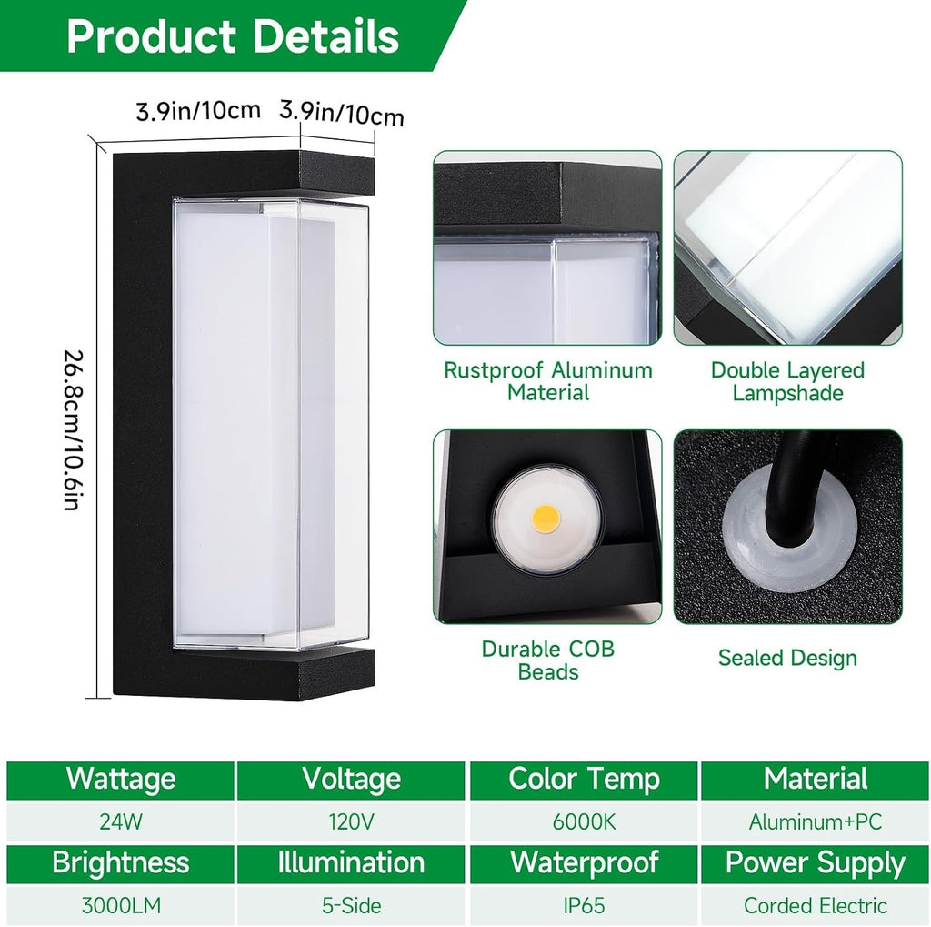 Hirzsjoy 24W Outdoor Porch Lights Exterior Lighting Fixtures Wall Mount