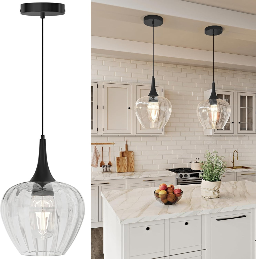 Glass Pendant Lights Kitchen Island Black and Clear Textured Globe