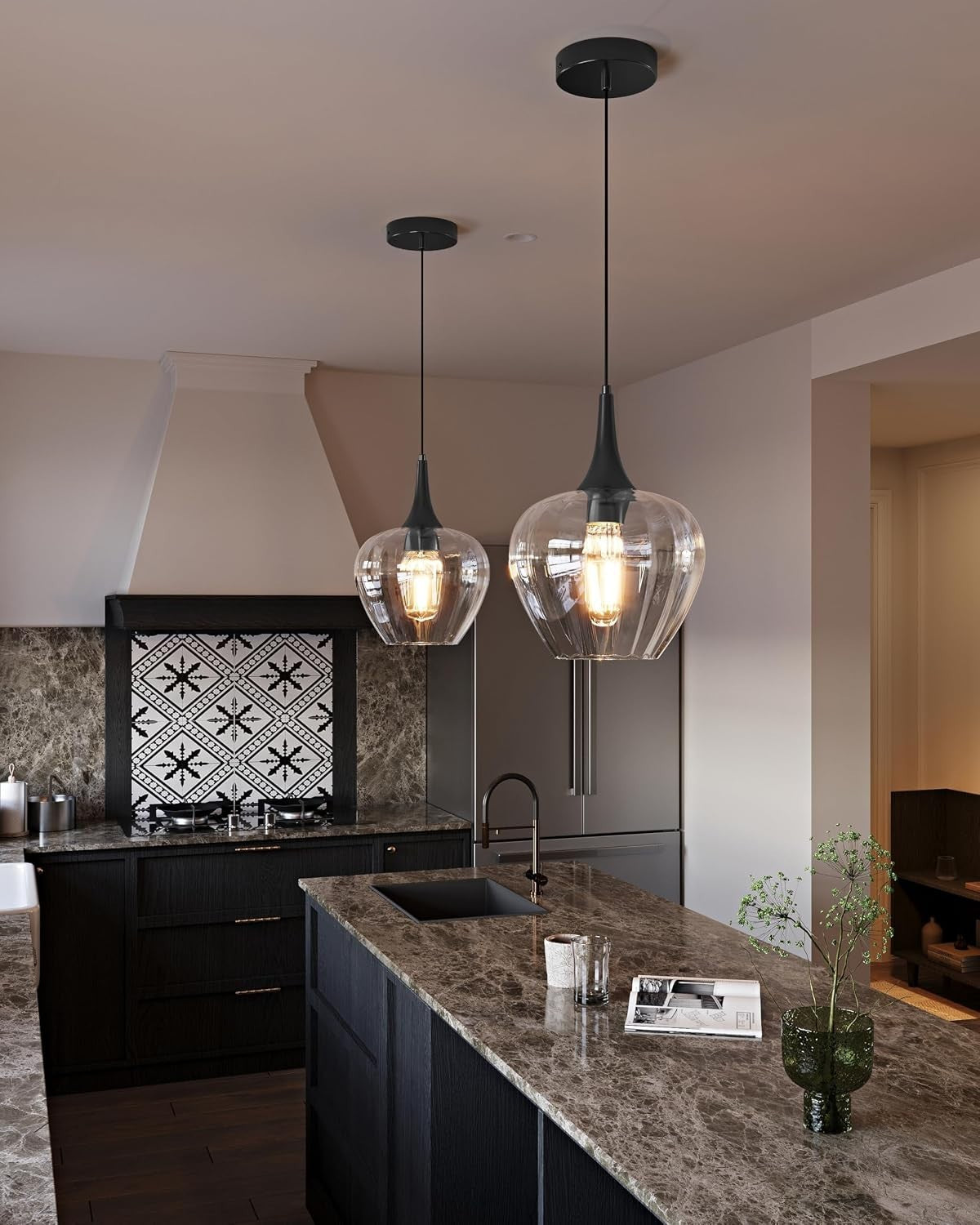 Glass Pendant Lights Kitchen Island Black and Clear Textured Globe