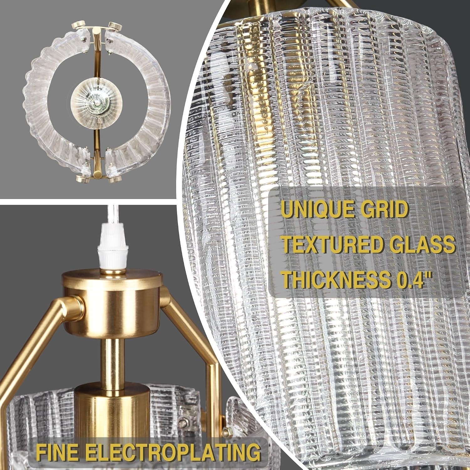 Small Gold Pendant Light Fixtures with Textured Grid Glass Lampshade for Kitchen