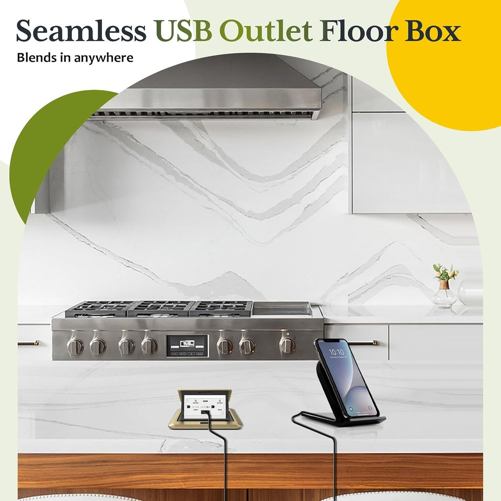 TG Square Pop-Up Floor Box Kit with USB-A/C & 20A Outlet, Brass | 3.6A USB-A/C c