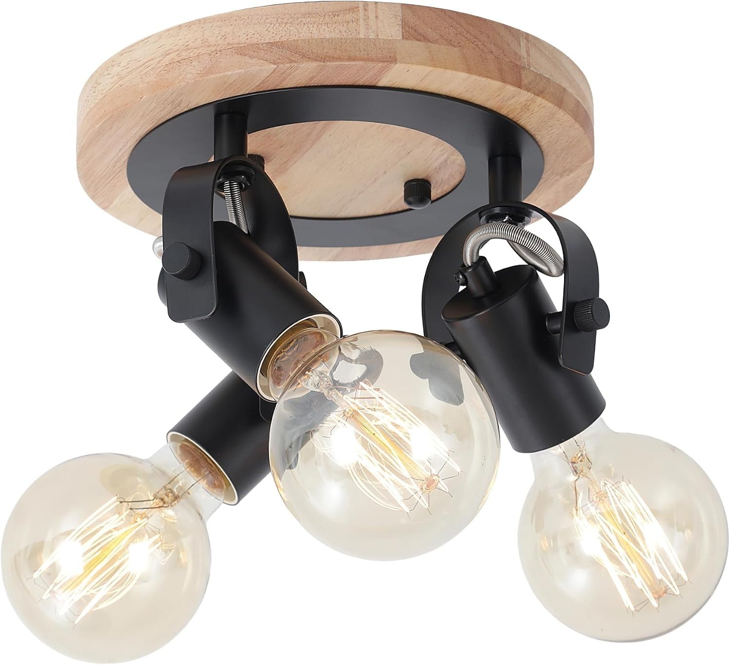 3-Light Black Track Lighting with Genuine Wood Base, 7.8" Rustic Farmhouse