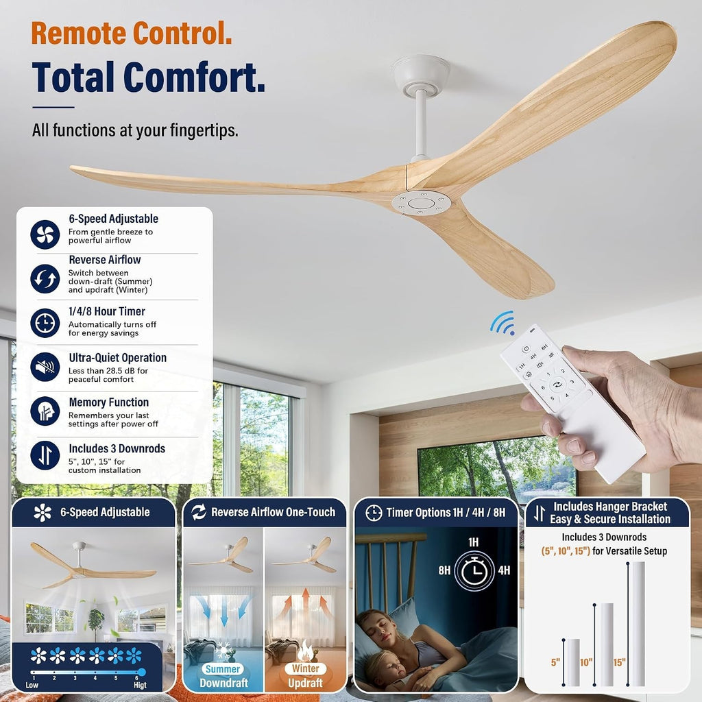 Fanawi 72 Inch Solid Wood 3 Blade No Light Ceiling Fan