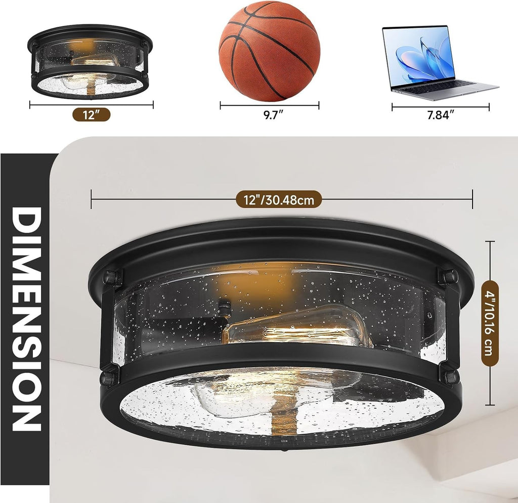 2-Light Farmhouse Black Flush Mount Ceiling Light Fixtures | Metal Frame