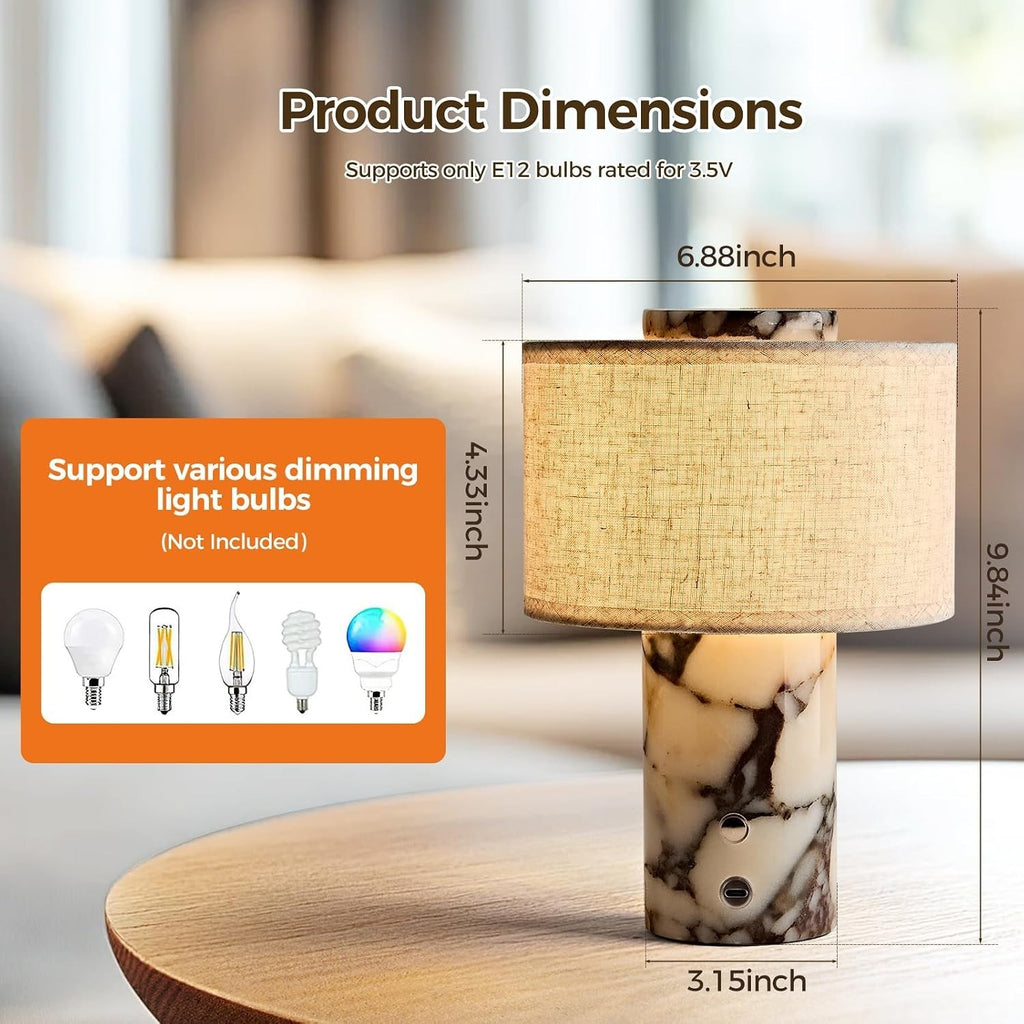 Lynthenia Calacatta Viola Marble Table Lamp, Rechargeable Cordless Touch Dimmabl