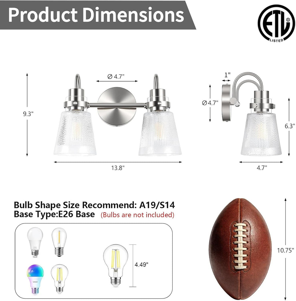 2-Light Brushed Nickel Bathroom Light Fixtures 13.8 Inch Vanity Lights