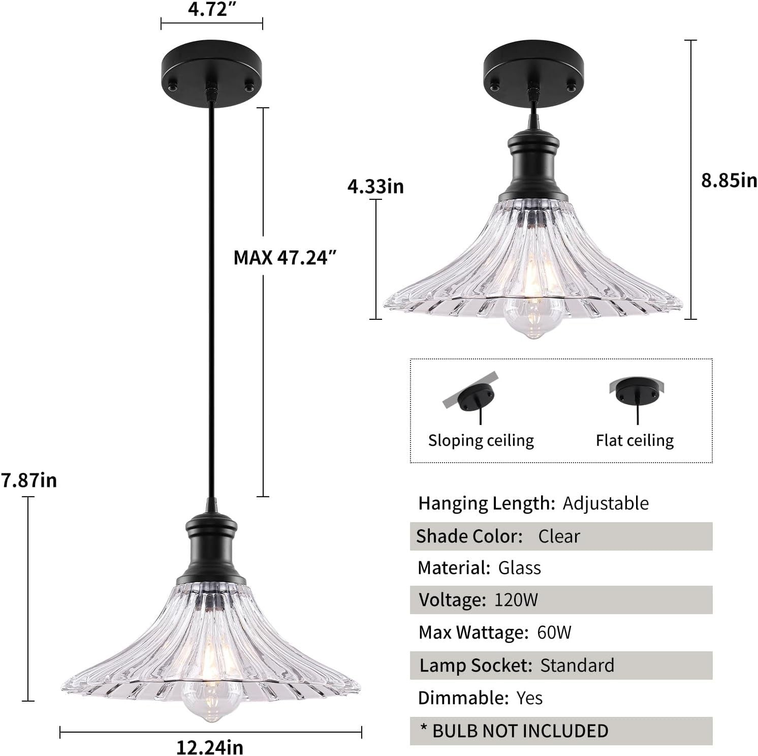 SESIMENT Black Pendant Light, Clear Glass Pendant Light 1 Pack 12.2″.