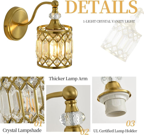 1 Piece Modern Vintage Crystal Brushed Gold Vanity Lighting Fixtures