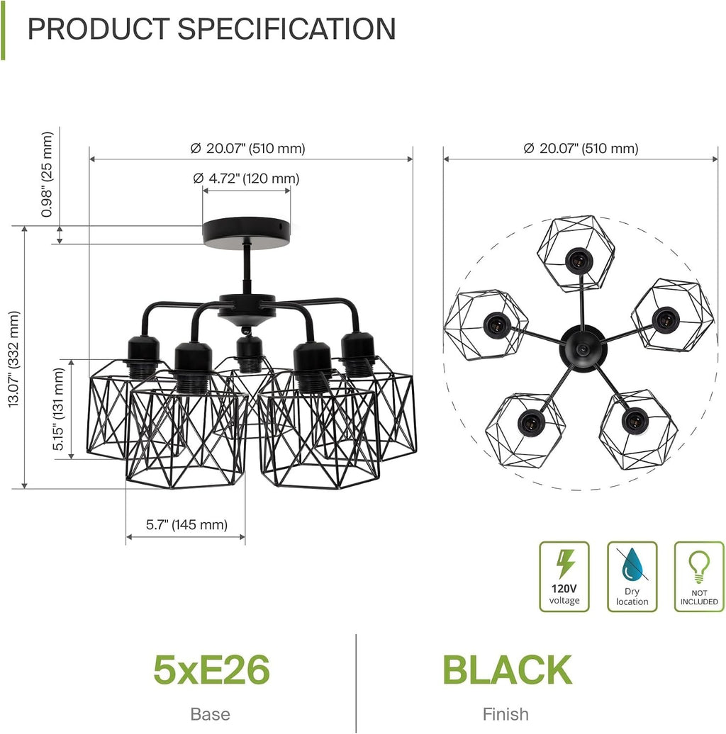 ASD Black Chandelier Semi Flush Mount Ceiling Light Fixture