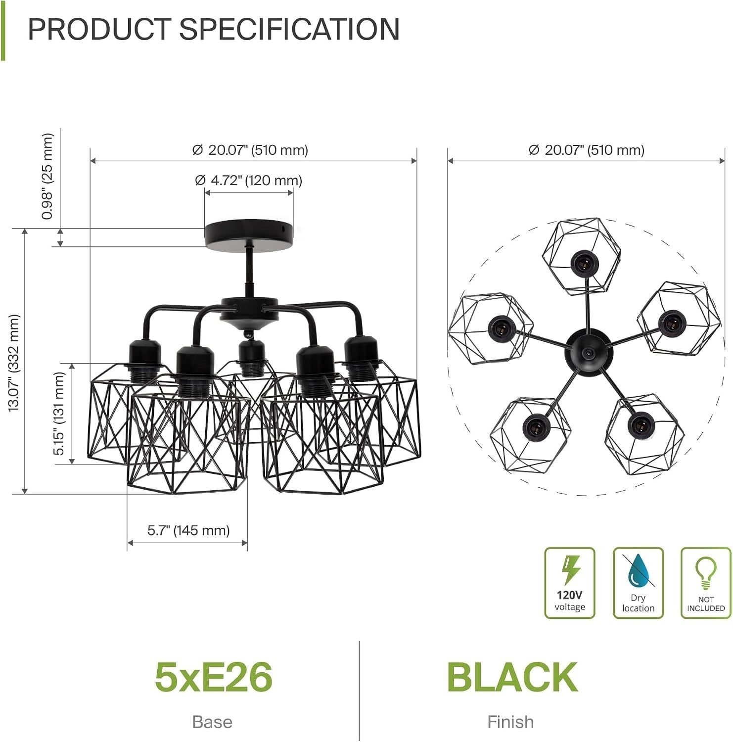 ASD Black Chandelier Semi Flush Mount Ceiling Light Fixture