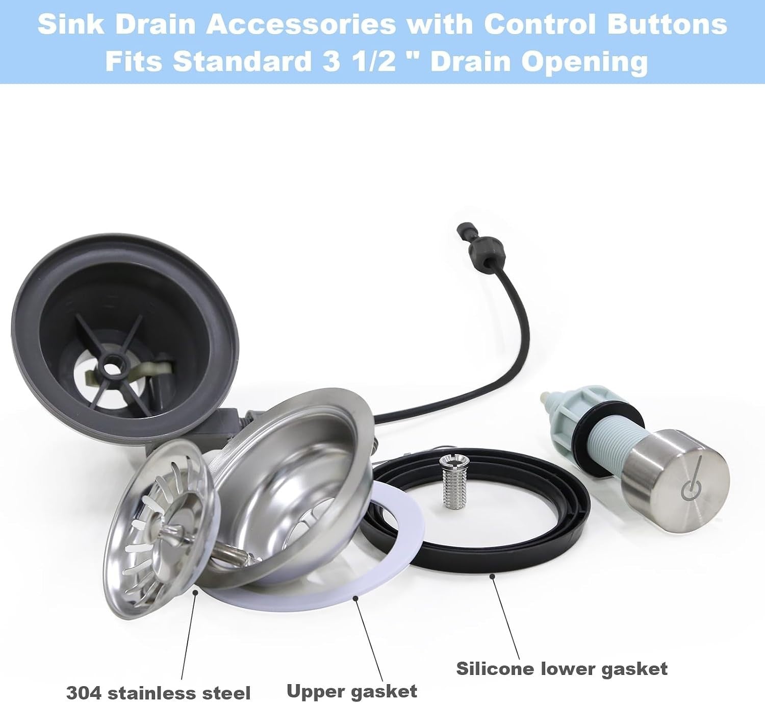New 3-1/2 '' Kitchen Sink Drain Kit with Control Button Sink Drain Basket 304 St