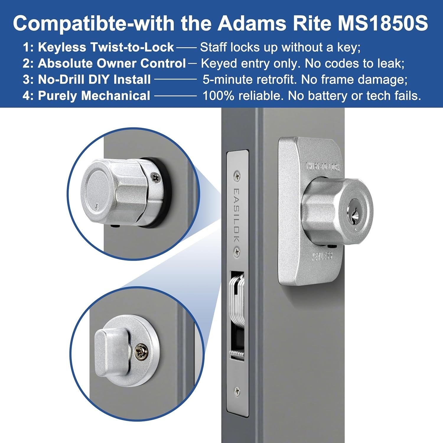 SM1850 Mechanical Storefront Door Lock,Commercial Door Lock with Twist-to-Lock
