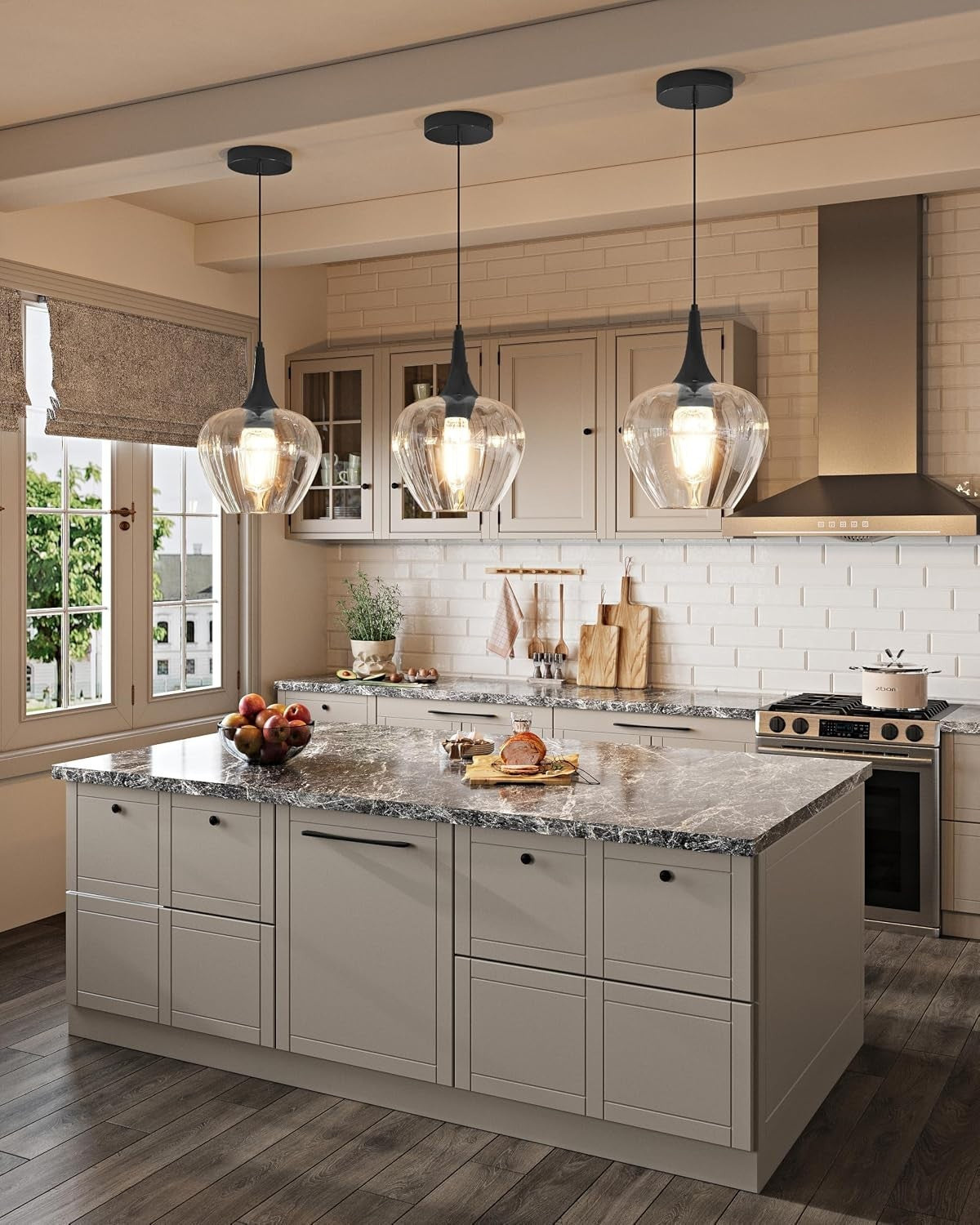 Glass Pendant Lights Kitchen Island Black and Clear Textured Globe