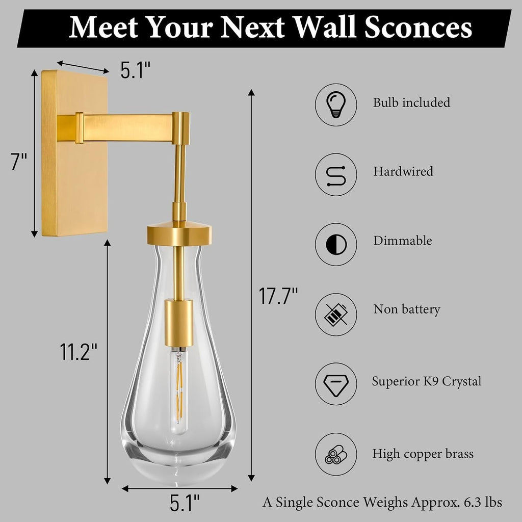 Raindrop Brass Crystal Wall Sconce: Luxury Modern Gold Bathroom Lighting | Clear