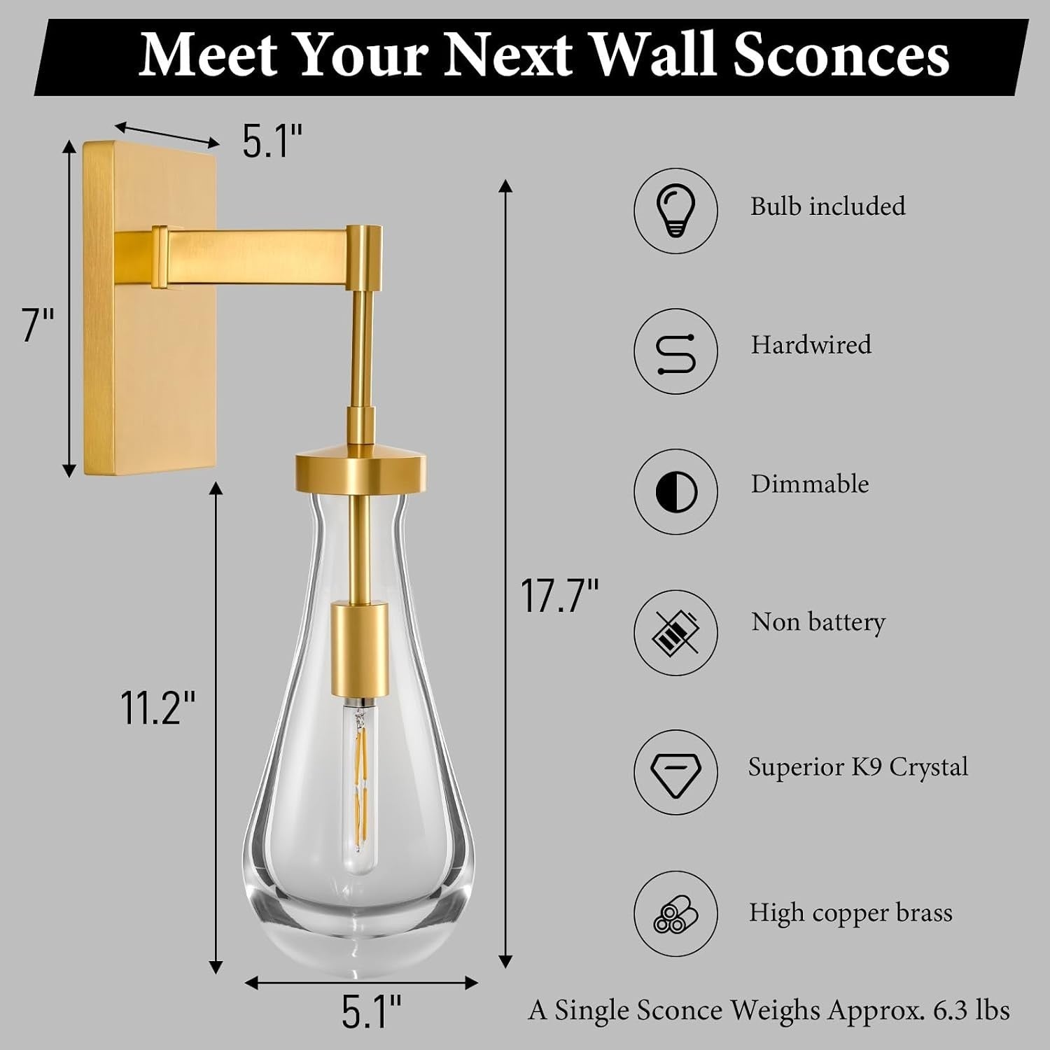 Raindrop Brass Crystal Wall Sconce: Luxury Modern Gold Bathroom Lighting | Clear