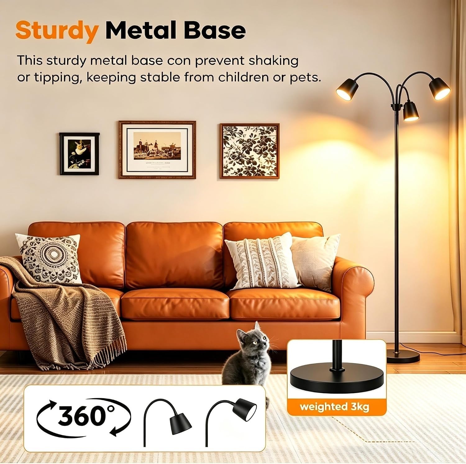 gevaabu LED Tree Floor Lamp, 3 Rotatable Lights Standing Lamp with Remote