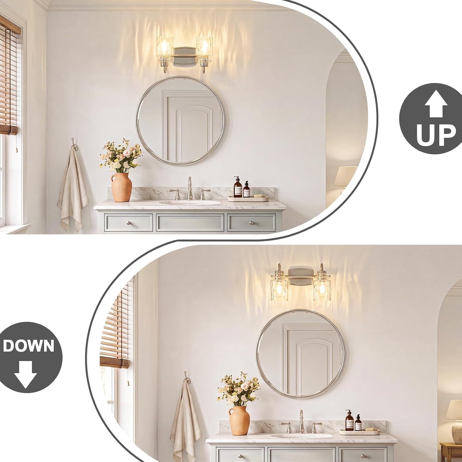 Bathroom Light Fixture 2-Lights Vanity Light | Hammered Glass,Up or Down,Easy to