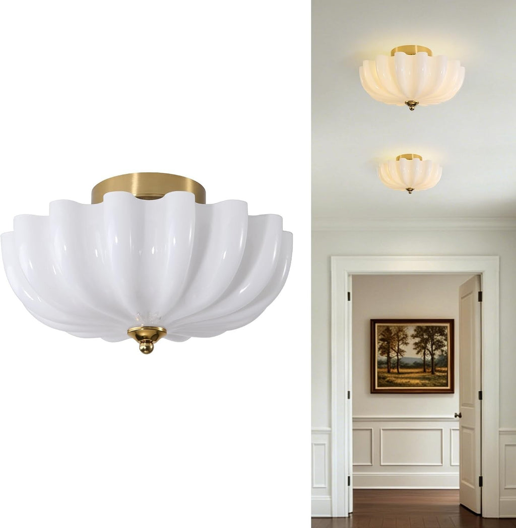 12" Milk Glass Semi Flush Mount Ceiling Light -Vintage Schoolhouse Lighting