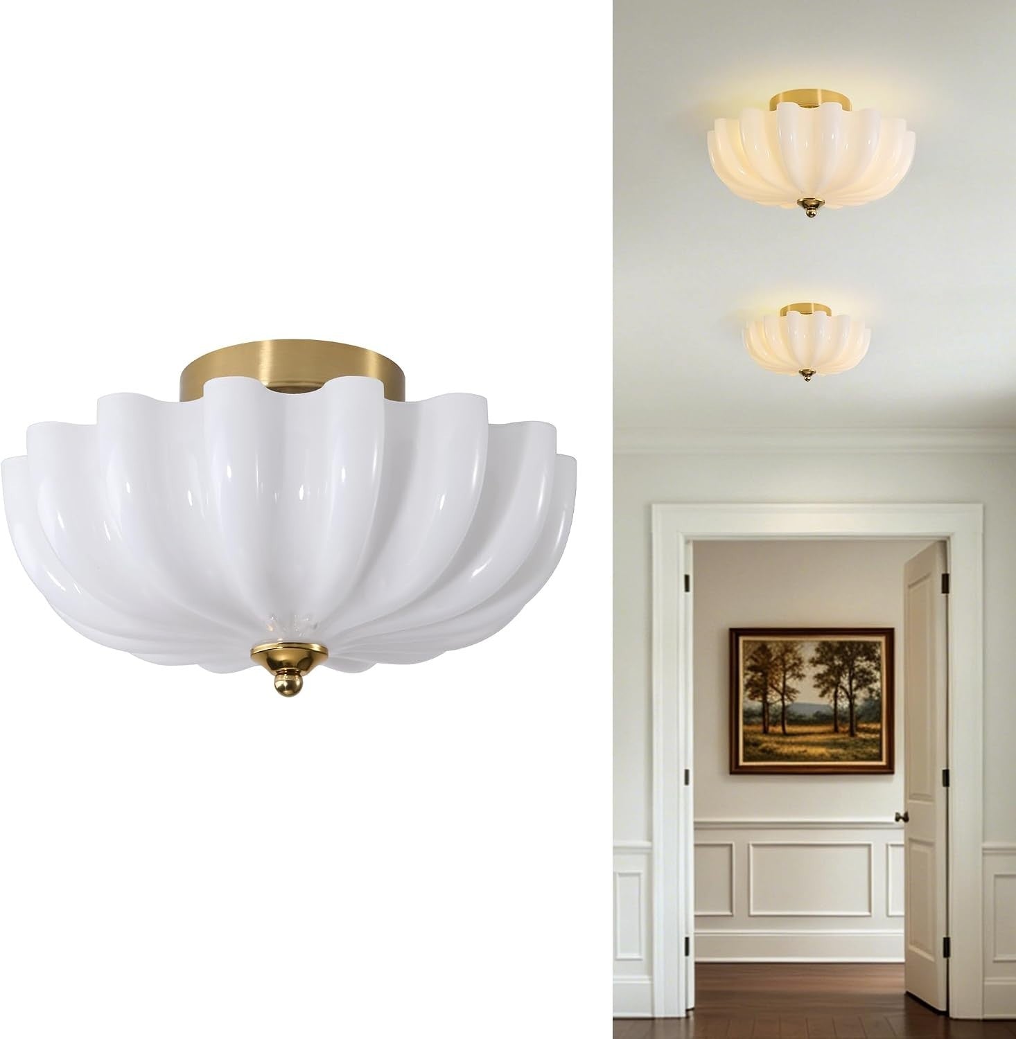 12" Milk Glass Semi Flush Mount Ceiling Light -Vintage Schoolhouse Lighting