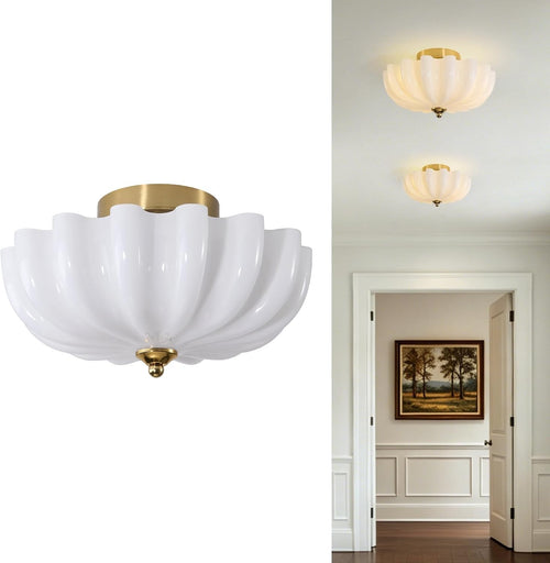 12" Milk Glass Semi Flush Mount Ceiling Light -Vintage Schoolhouse Lighting