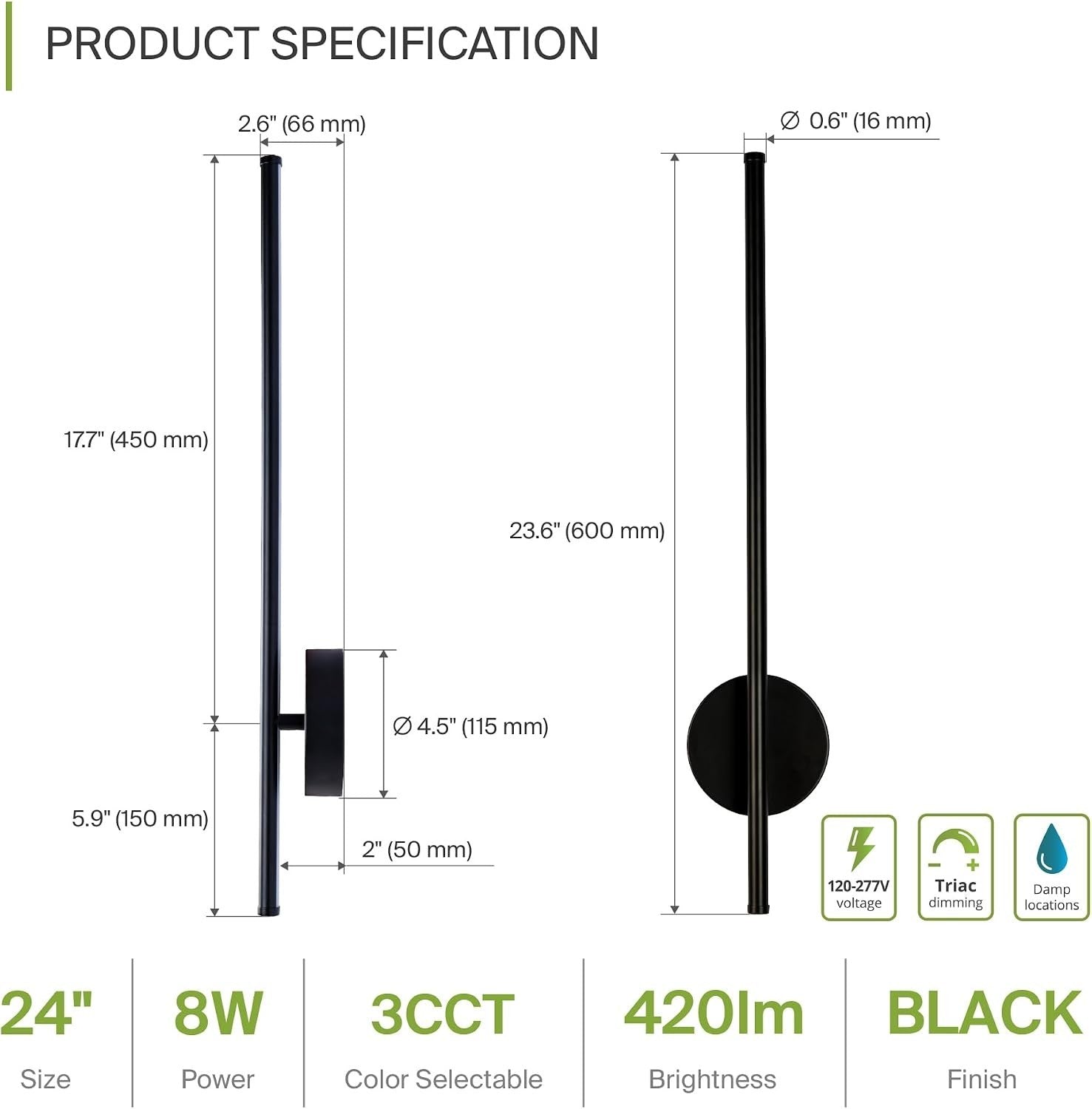 ASD LED 24" Linear Tube Wall Sconce, Modern Bathroom Light Bar